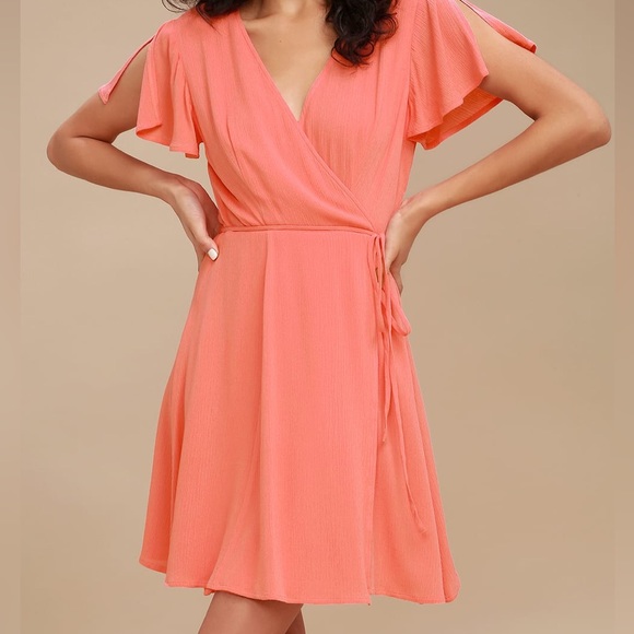 Lulus Harbor Point Coral Wrap Midi Dress - Picture 3 of 8